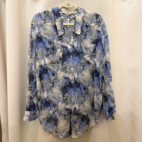 Free People Tops - Free People Boho Sheer Abstract Print Georgette Button Down Blue Shirt Medium